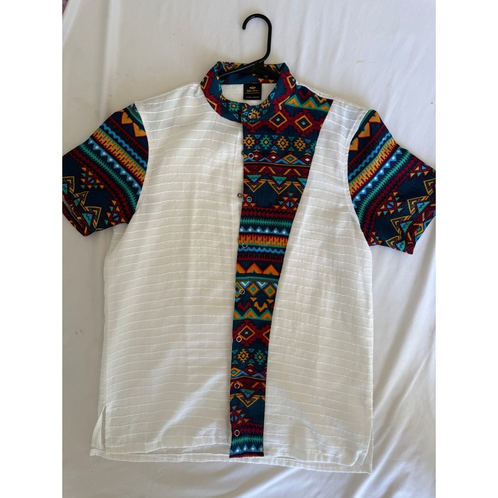 Golden Design Mens Tribal Print Patchwork Mandarin Collar Snap Shirt White